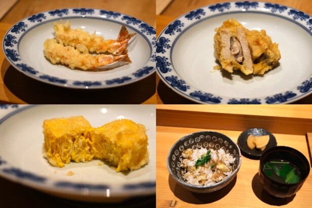 この日のメニューは、車エビ、牡蠣とレンコンのはさみ揚げ、玉子焼きの天ぷら、天バラなど