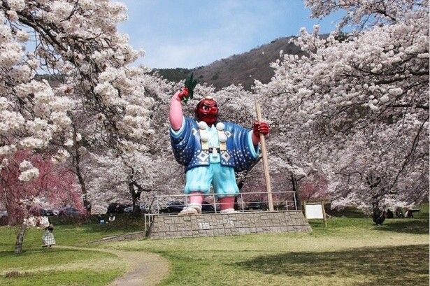 巨大な天狗像の周りで満開に咲き誇る桜／戸倉宿サクラケアパークの桜