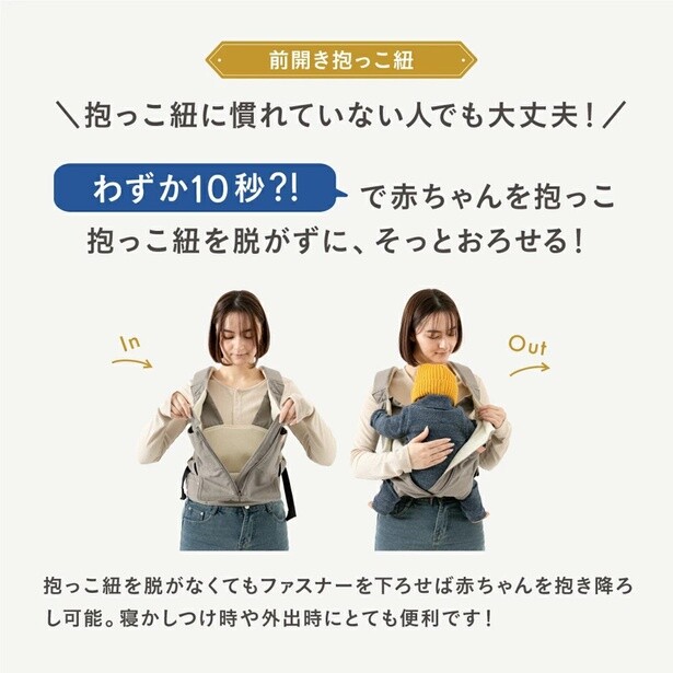 腰ベルトを留め、赤ちゃんを迎え入れ、締めて固定するだけで着脱はわずか10秒