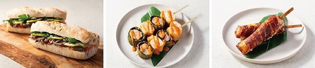 (左から)北海道ジンギスカンサンド、長崎の郷土料理“ハトシ”とチキンのロール串、宮崎発祥ご当地グルメ 肉巻きおにぎり