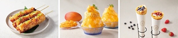 (左から)岐阜名物 朴葉味噌のボーノポークロール、かき氷“極” 宮崎マンゴースペシャル、甘ふわクレープ 福島県鏡石町の苺／福島県郡山市のブルーベリー