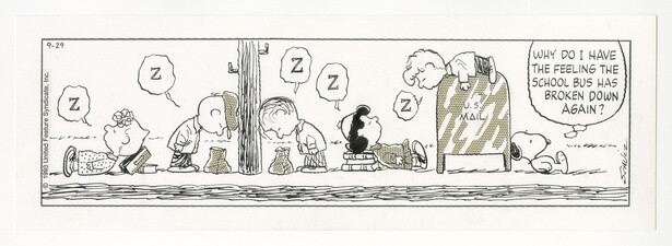 「ピーナッツ」原画　1993年9月29日。バスが時間通りに来ないので、待ちぼうけのピーナッツ・ギャングは眠ってしまった