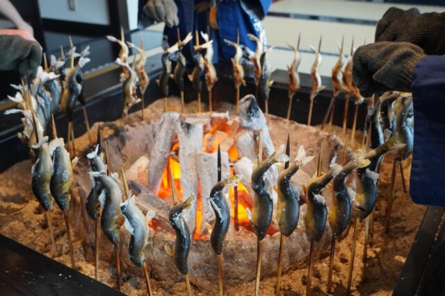 大津の「あみ定」リニューアル　大広間にいろり、目の前でアユを塩焼きに