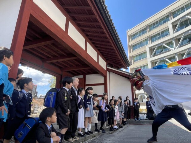 飯田の「赤門」が開門　満開の桜の下、追手町小新1年生元気に通り抜け