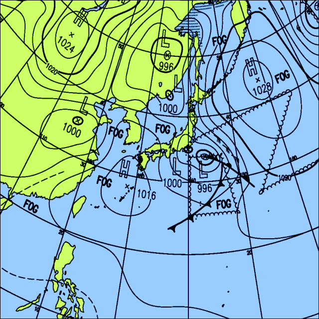 今日は雨の所が多く雷雨のおそれ、一方、西から天気は回復