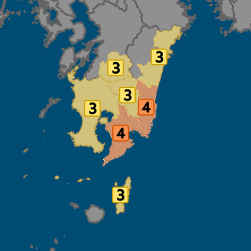宮崎県南部平野部などで震度４