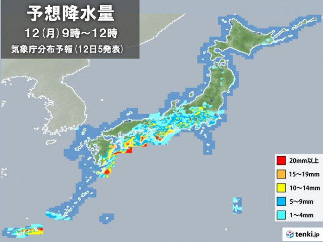 きょう12日　四国〜東海は昼頃まで局地的に激しい雷雨　土砂災害や浸水害に注意