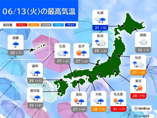 13日　東海や関東で昨日より気温上昇　名古屋は真夏日　都心は7月並み　熱中症注意