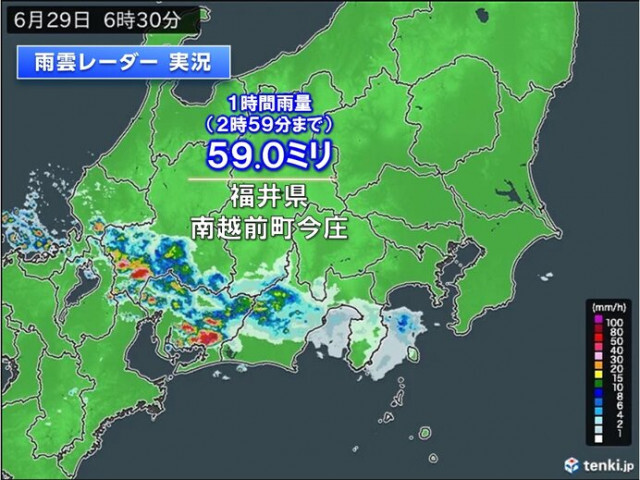 福井県で非常に激しい雨　岐阜県や愛知県にも活発な雨雲　今夜まで大気の状態が不安定