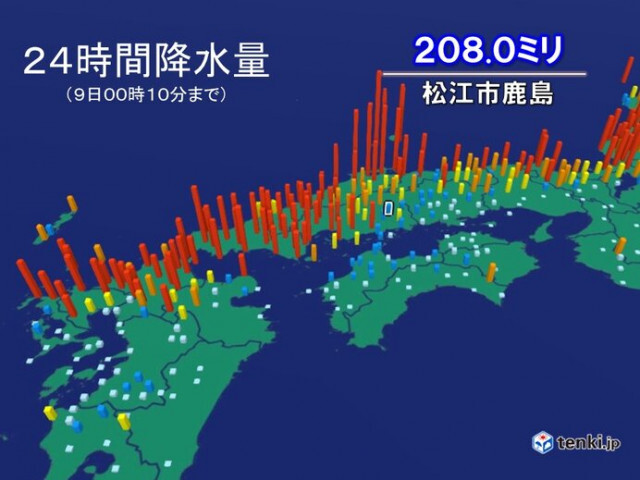 中国地方で24時間雨量200ミリ超も　平年7月ひと月の約9割　11日まで大雨警戒