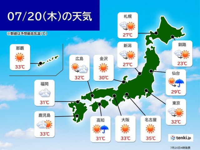 20日の天気　東北や関東甲信を中心に急な雷雨や激しい雨に注意　蒸し暑さ続く