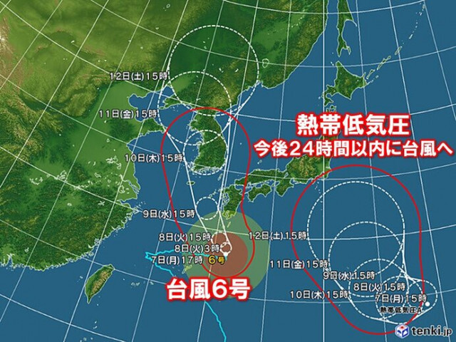 台風6号　あす8日夜から九州南部に接近へ　次の台風が今週末に関東の南へ北上か