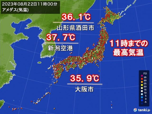 日本海側を中心に午前中から猛暑　新潟県ですでに37℃超　8月下旬も猛暑収まらず