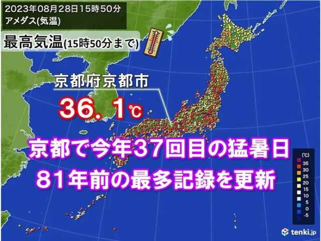 京都で今年37回目の猛暑日　昭和17年の記録を81年ぶりに更新　記録はまだ伸びる