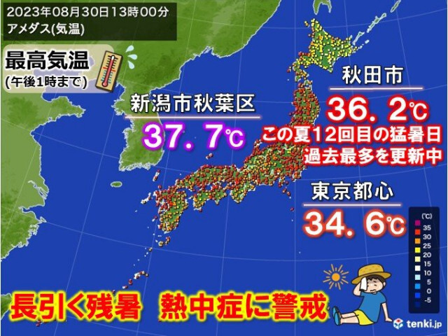 止まらない猛暑　新潟県など体温超えも　都心で猛暑日迫る　暑さ疲労による熱中症警戒