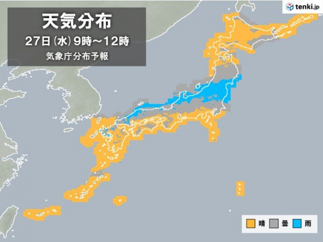27日　北陸や東北南部を中心に雨　関東なども所々で雨に　九州〜関東は蒸し暑く