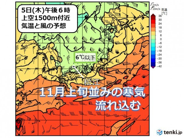 中国地方　5日は11月上旬並みの寒気流入　北風冷たく　日本海側は昼間も上着の出番