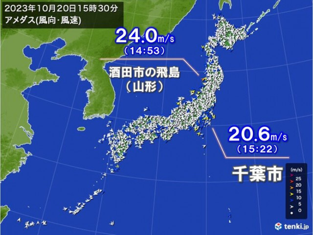 関東でも南風ビュービュー　千葉市で最大瞬間風速20メートル以上　夜は北風に変わる