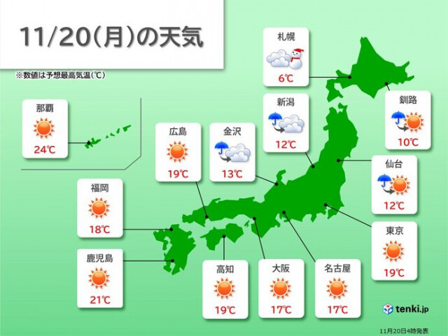 20日の全国の天気　日本海側は雨や雪　太平洋側は晴れて日差し暖か