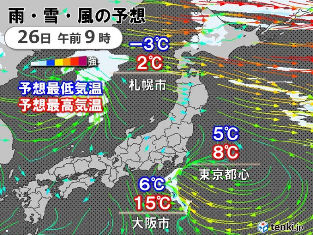 日曜　寒さ続く　東京都心の最高気温8℃と真冬並み　北海道は昼前まで猛吹雪に警戒