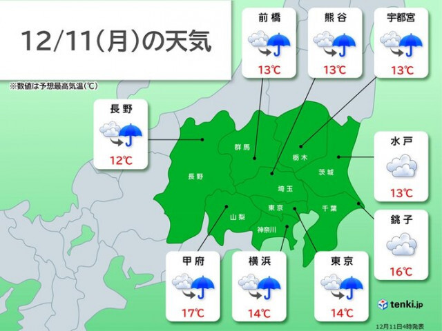 11日の関東の天気　夜遅くは広い範囲で雨　気温急降下　体感ガラッと変わる