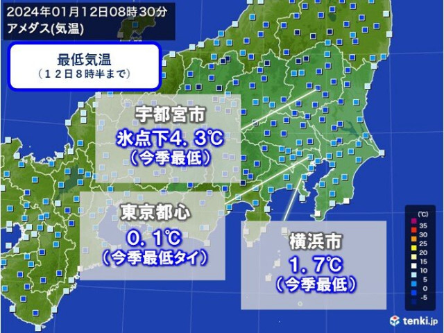 東京都心で氷点下迫る　今朝は関東で強い冷え込み　日中は3月並みの陽気
