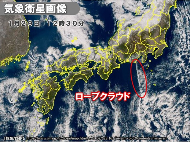 東海道沖に細いひものような雲　「ロープクラウド」出現
