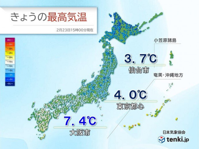 23日の最高気温　各地で真冬並み　あす24日は太平洋側で寒さ和らぐ