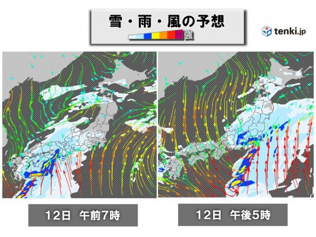 12日(火)短時間で雨風強まる　九州〜東海は朝がピーク　関東は夕方に横殴りの雨