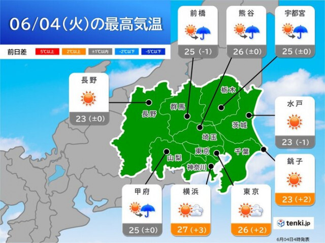 4日の関東　天気急変と暑さに注意　都心は3日ぶりの夏日か　伊豆諸島は大雨の所も