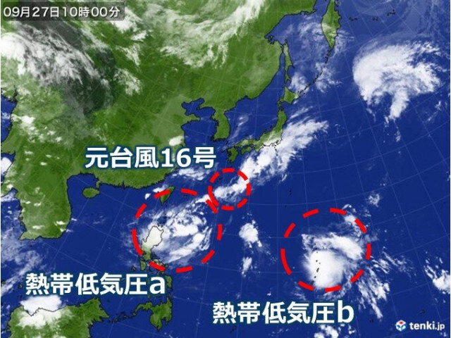 ダブル台風発生か　南の海上に2つの熱帯低気圧　今後　台風17号と18号に