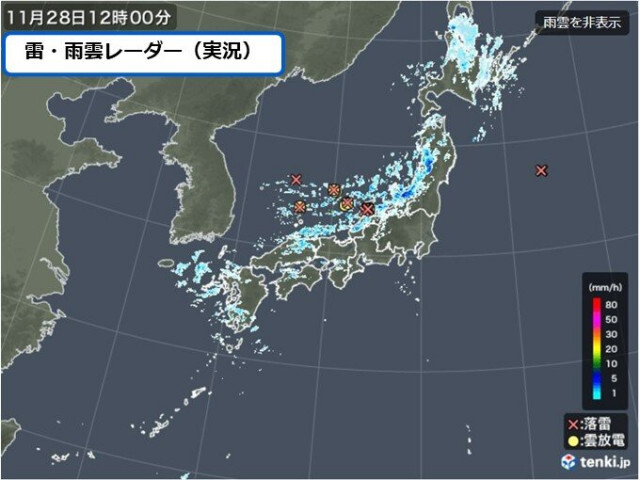 日本海側で雨雲・雷雲が発達中　夜は九州で雪の所も　29日にかけて落雷・突風に注意