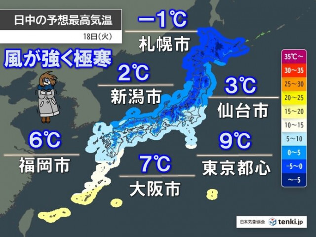 18日　全国的に風強く極寒　最高気温は前日より大幅低下　関東も真冬の寒さに逆戻り