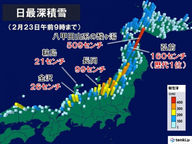 弘前では統計開始以来最も雪が積もる　平地でも平年を超える積雪