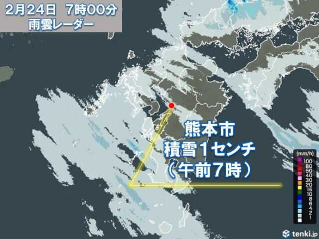 熊本市で5年ぶり積雪1センチを観測　25日朝は水道管と路面の凍結に注意