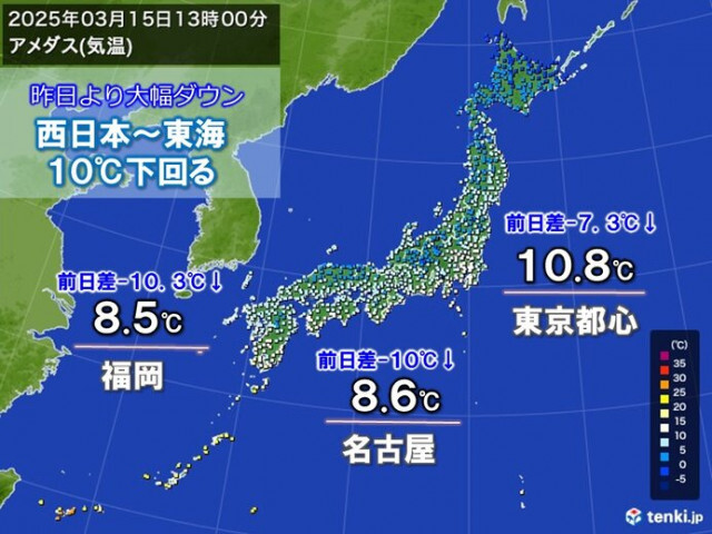日中の気温　西日本や東海は昨日より10℃以上低下　明日16日は東京5℃前後と極寒