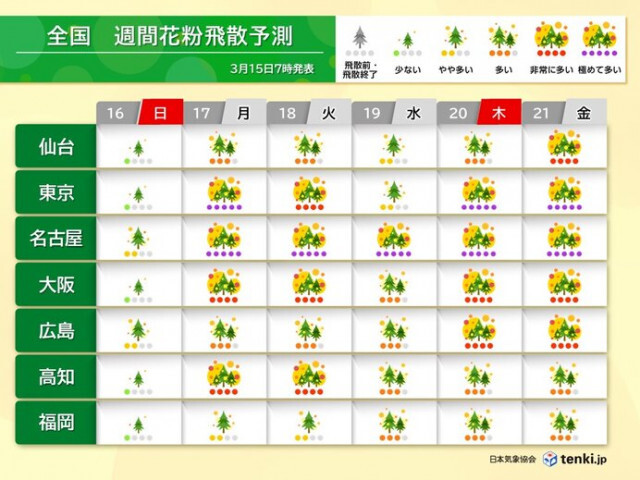 スギ花粉ピーク　16日は少ないが17日から東京など極めて多い　大量飛散いつまで?