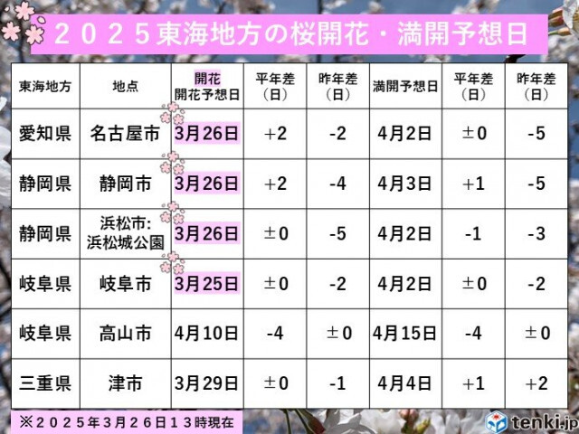 今日26日は名古屋と静岡で桜開花　東海　お花見は天気と気温を確認　週末は寒の戻り