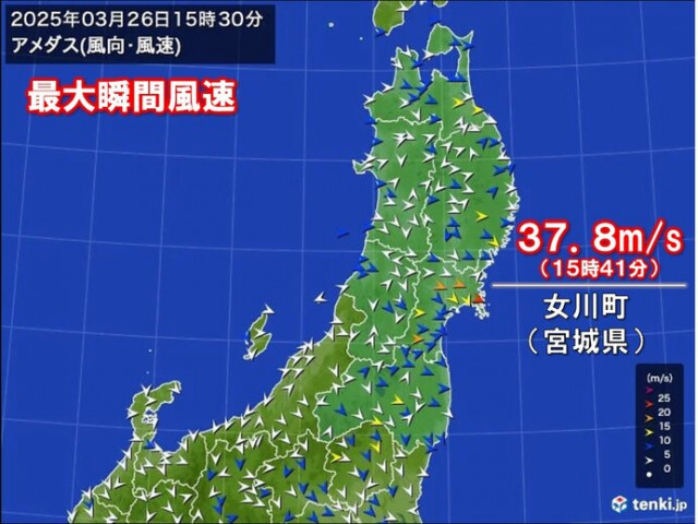 東北で観測史上1位の暴風　宮城県女川町で37.8メートル　暴風は夕方まで