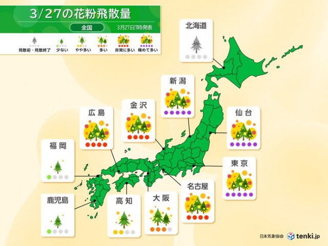 27日も関東や東北は花粉が極めて多い　黄砂もうっすら残る