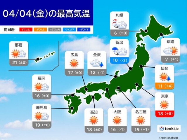 今日4日　九州〜関東は広くお花見日和　関東は暖かさ戻る　東北や北海道は雨や雪に