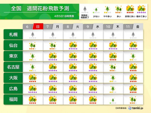 花粉情報　6日は西日本で大量飛散　7日以降は関東や東海も飛散増　GW頃まで注意