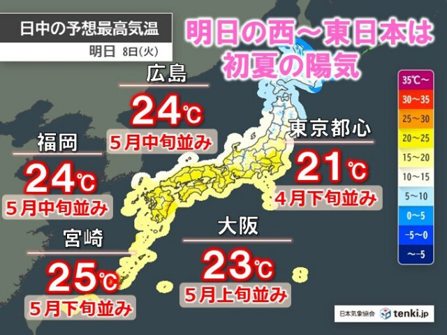 明日8日の東〜西日本は初夏の陽気　朝晩と昼の気温差大　お花見は調節できる服装で