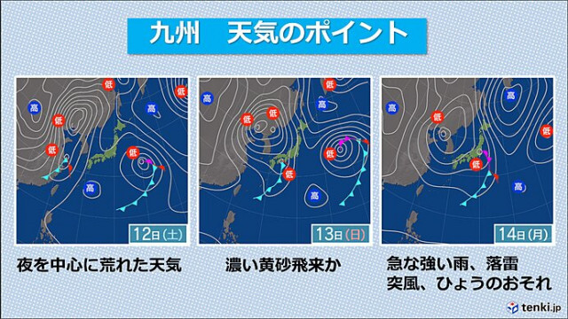 九州は、明日12日夜を中心に雨や風が強まる　13日〜14日は濃い黄砂飛来か