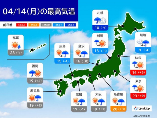 14日　西日本と東日本は天気急変　急な強い雨や落雷、突風、ひょうに注意