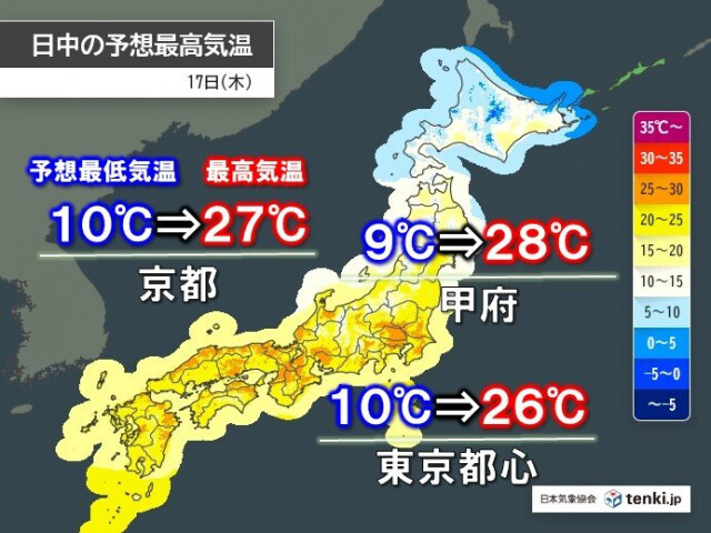 17日は関東から九州で夏日地点が急増　一日の気温差20℃以上も　寒暖差疲労に注意