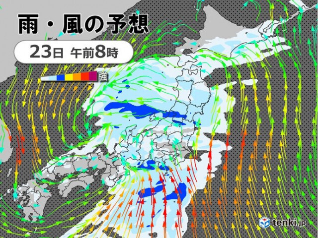 今日22日は西から雨エリア拡大　明日23日は東海や関東で雨風強まる　横殴りの雨も