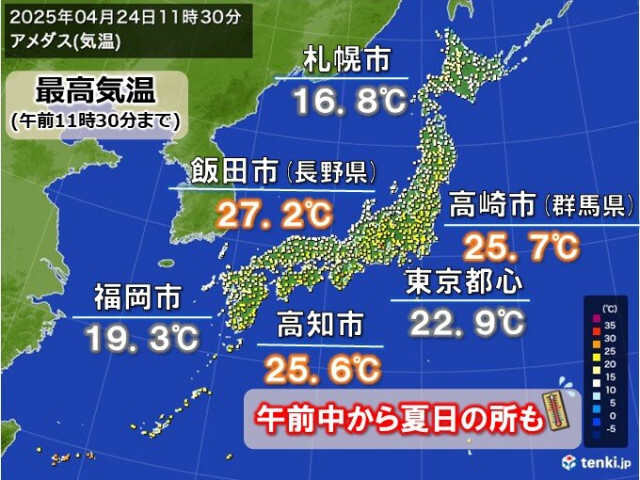 今日24日(木)は関東以西で午前中から夏日の所も　26日(土)から北日本に寒気