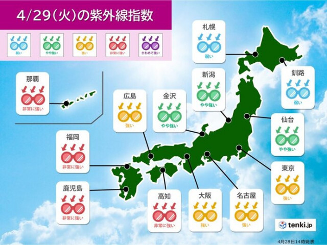29日昭和の日　東京以西は日差しサンサン　西日本は真夏さながら強烈な日射
