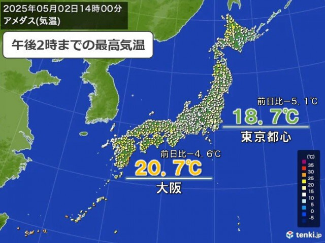 今日2日　東京・大阪は前日より5℃もダウン　ゴールデンウィーク後半はまた気温上昇